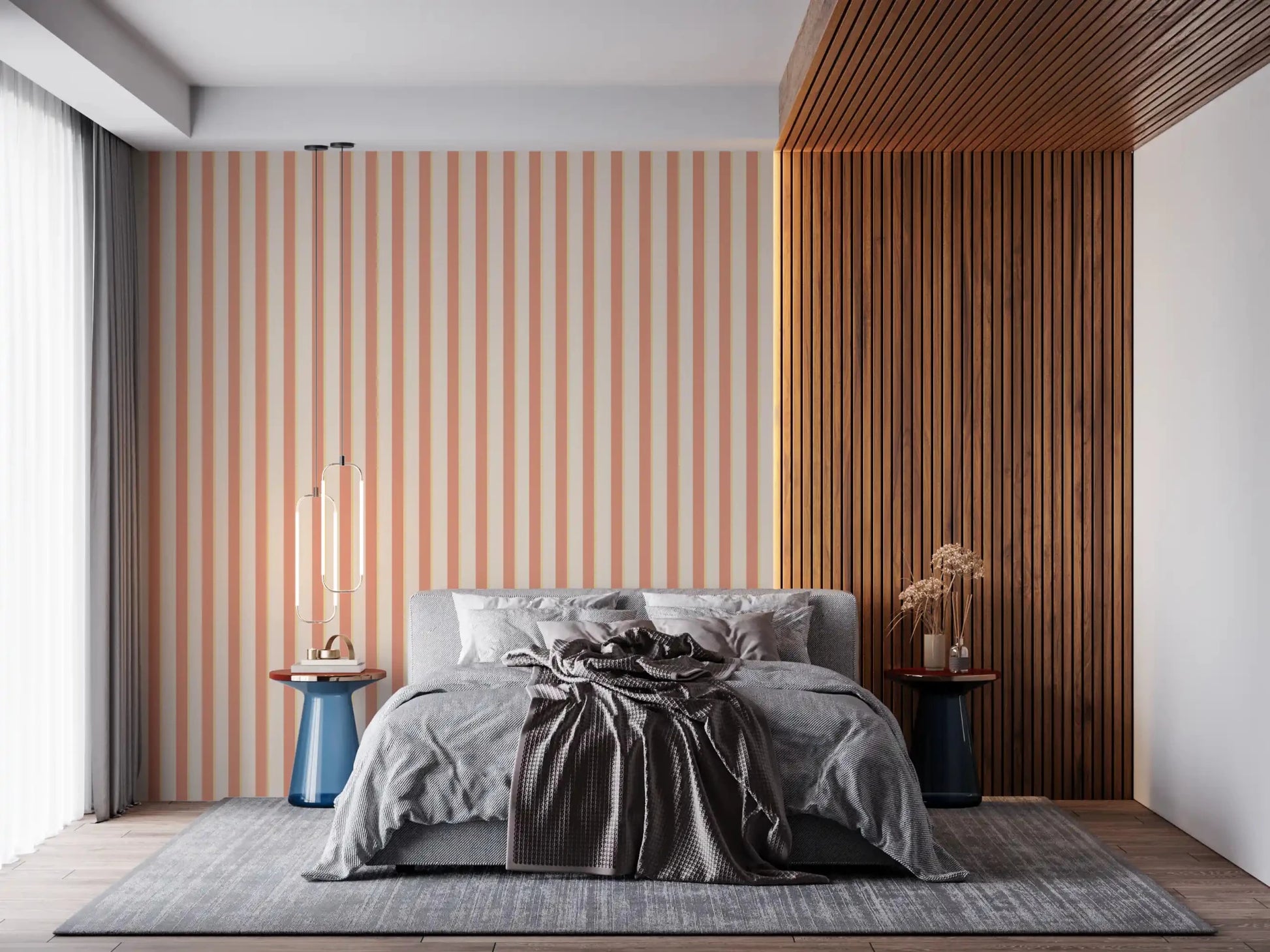 Bedroom with Peach & Cream Stripes Wallpaper and gentle vertical stripes