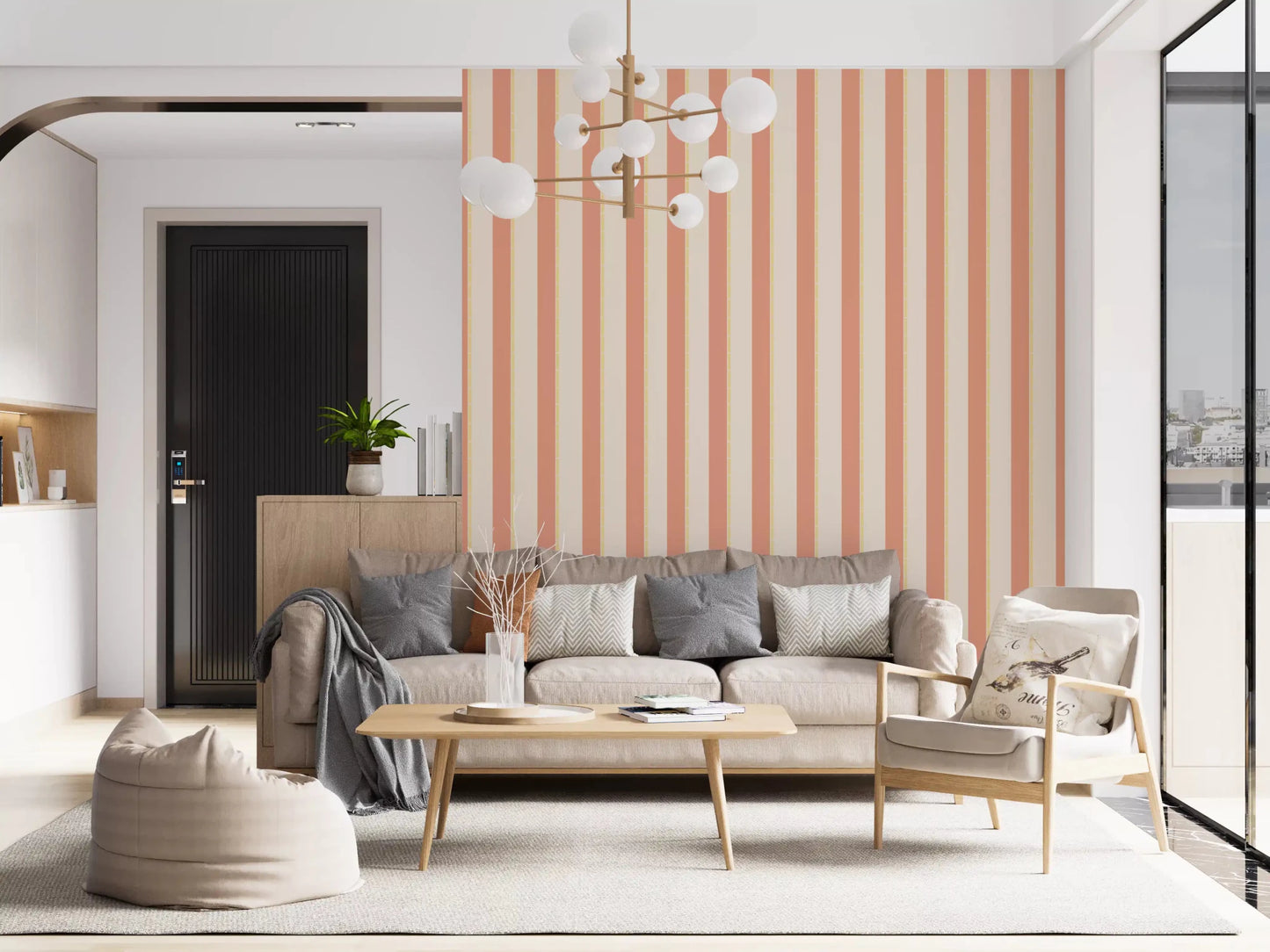 Lounge with Peach & Cream Stripes Wallpaper and warm peach vertical stripes