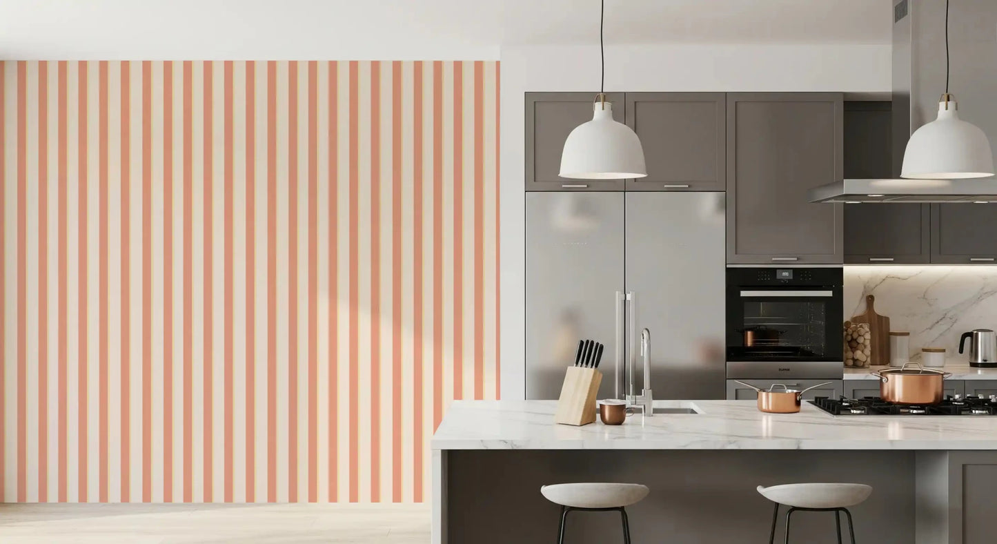 Kitchen with Peach & Cream Stripes Wallpaper and warm peach stripe detail