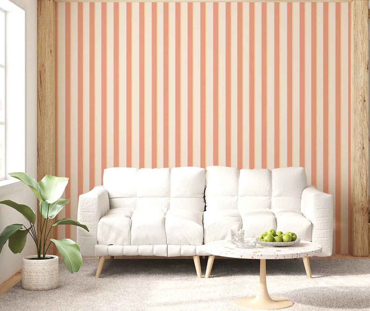 Living room with Peach & Cream Stripes Wallpaper and a soft striped feature, GD8895