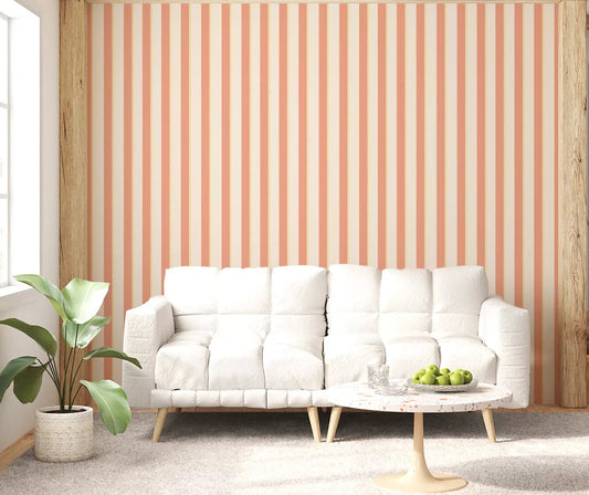 Living room with Peach & Cream Stripes Wallpaper and a soft striped feature 