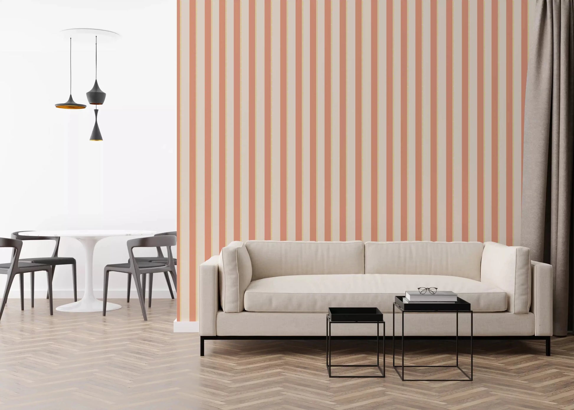 Living room with Peach & Cream Stripes Wallpaper and a calm striped backdrop
