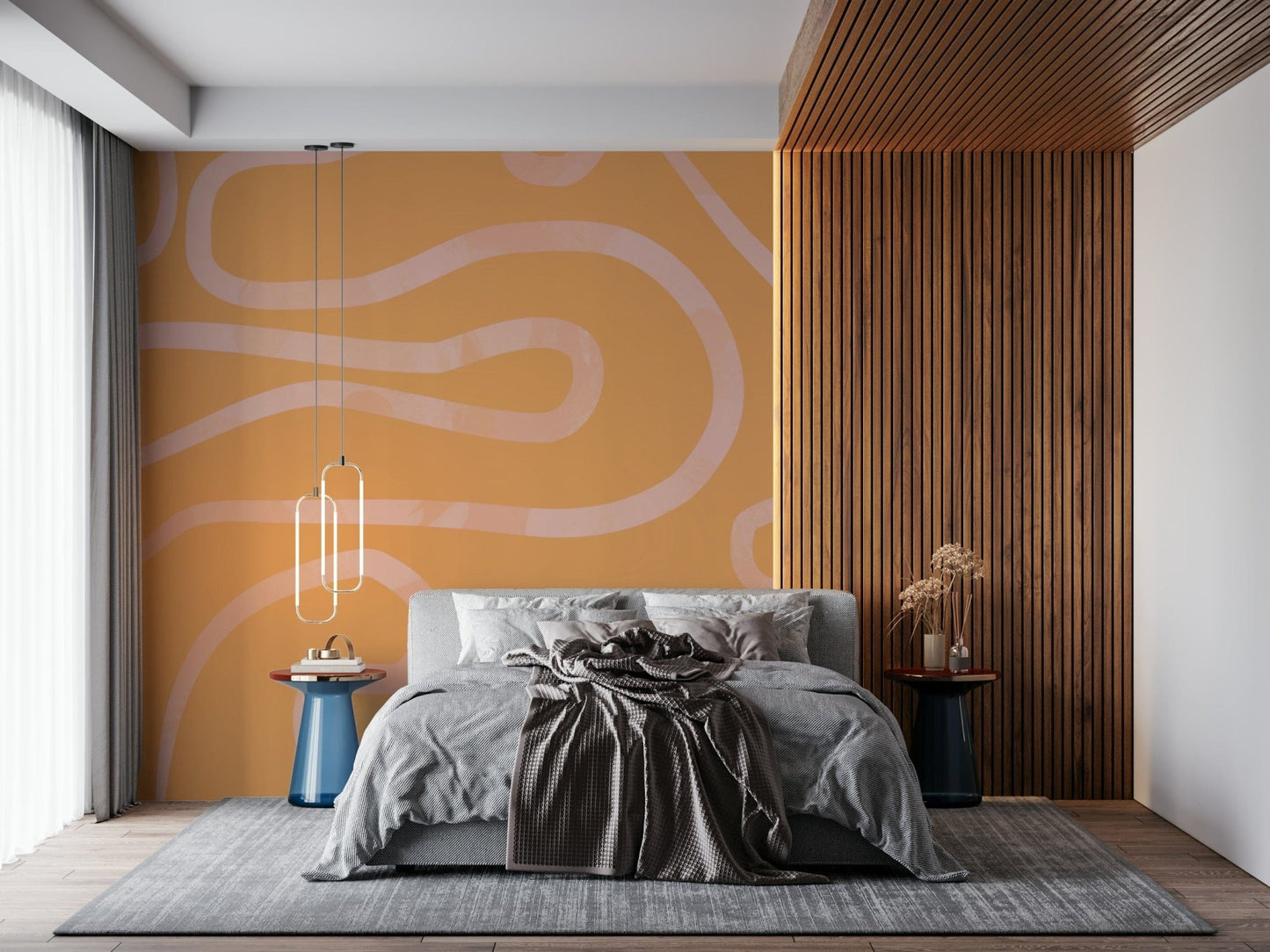 Soothing Peach Drift minimalist organic swirl wall mural art.