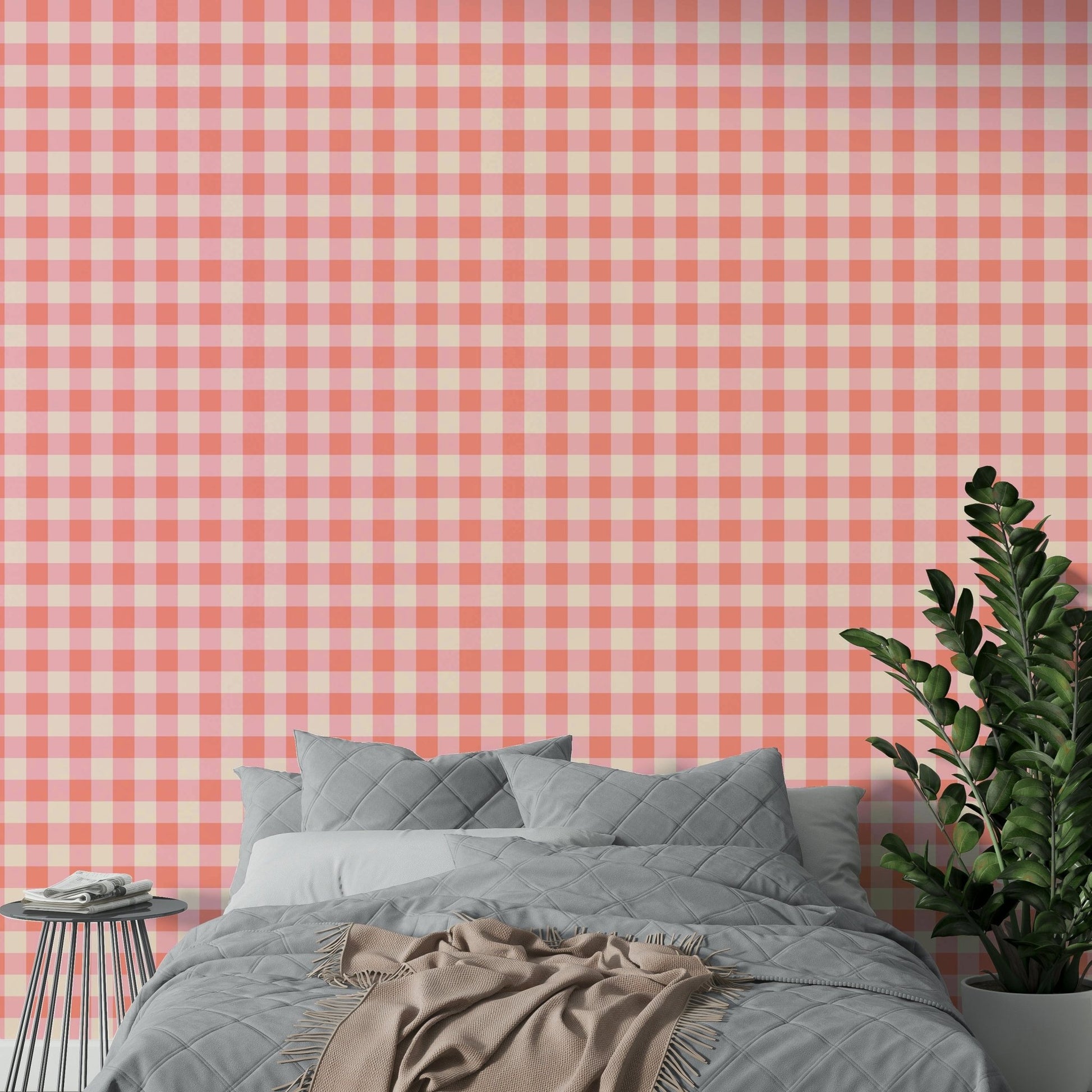 Peachy wall covering with a retro checker design


