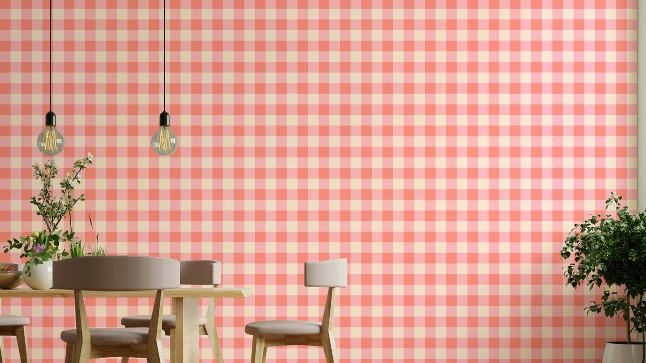 Trendy checkered wallpaper in peach fuzz color

