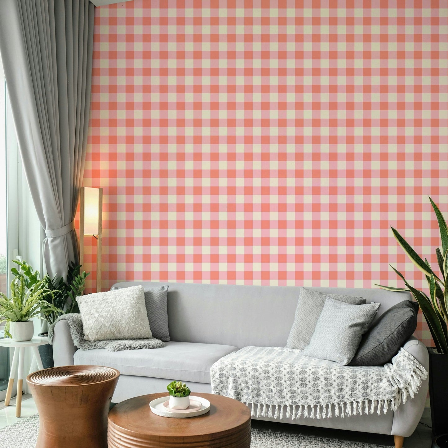 Chic peach wallpaper with geometric check theme

