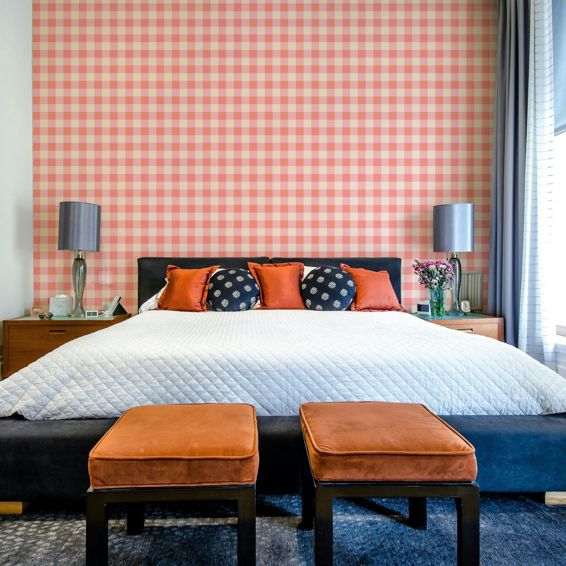 Bold checkered wallpaper with soft peach hues

