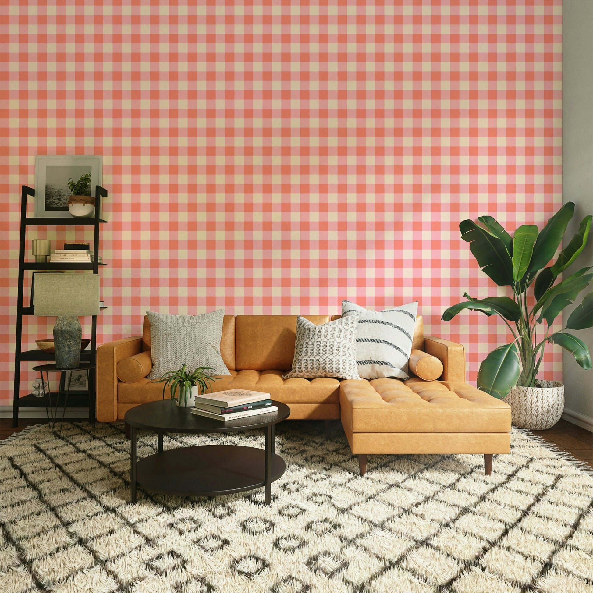 Youthful room featuring peach checkered wallpaper

