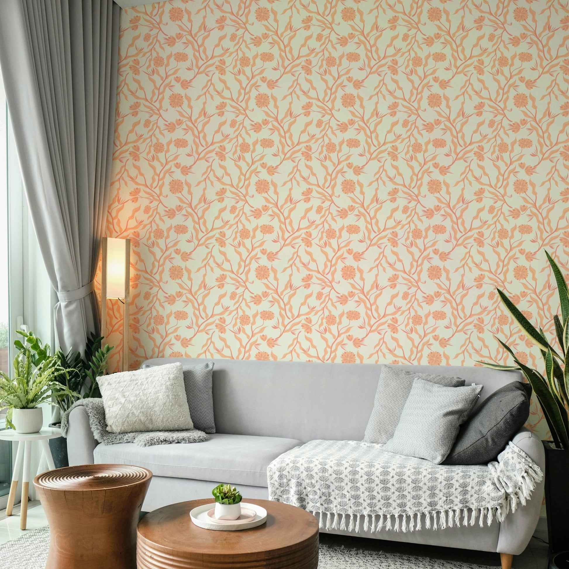Dreamy floral wallpaper in soft peach and garden hues

