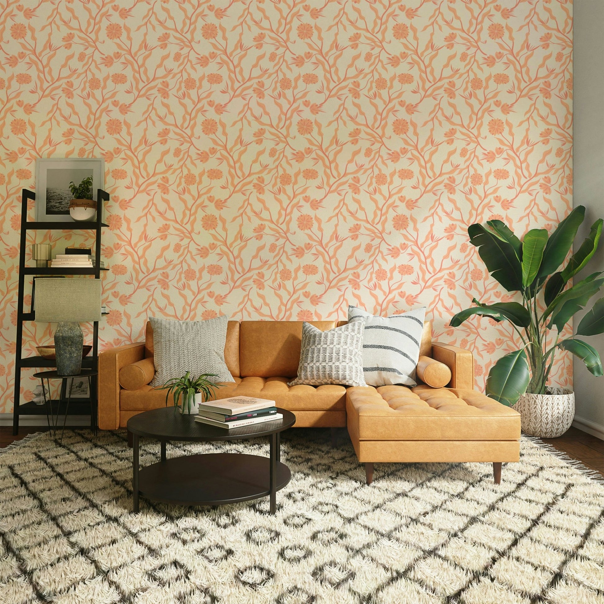 Impressionist floral wallpaper in pastel peach tones

