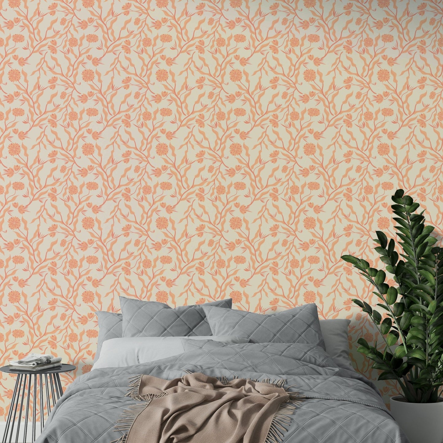 Artistic wallpaper featuring peach-toned flowers

