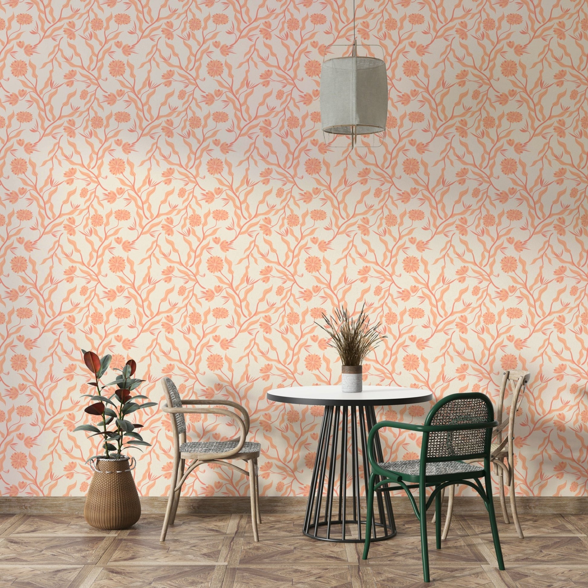 Hand-drawn botanical wallpaper with peach garden theme

