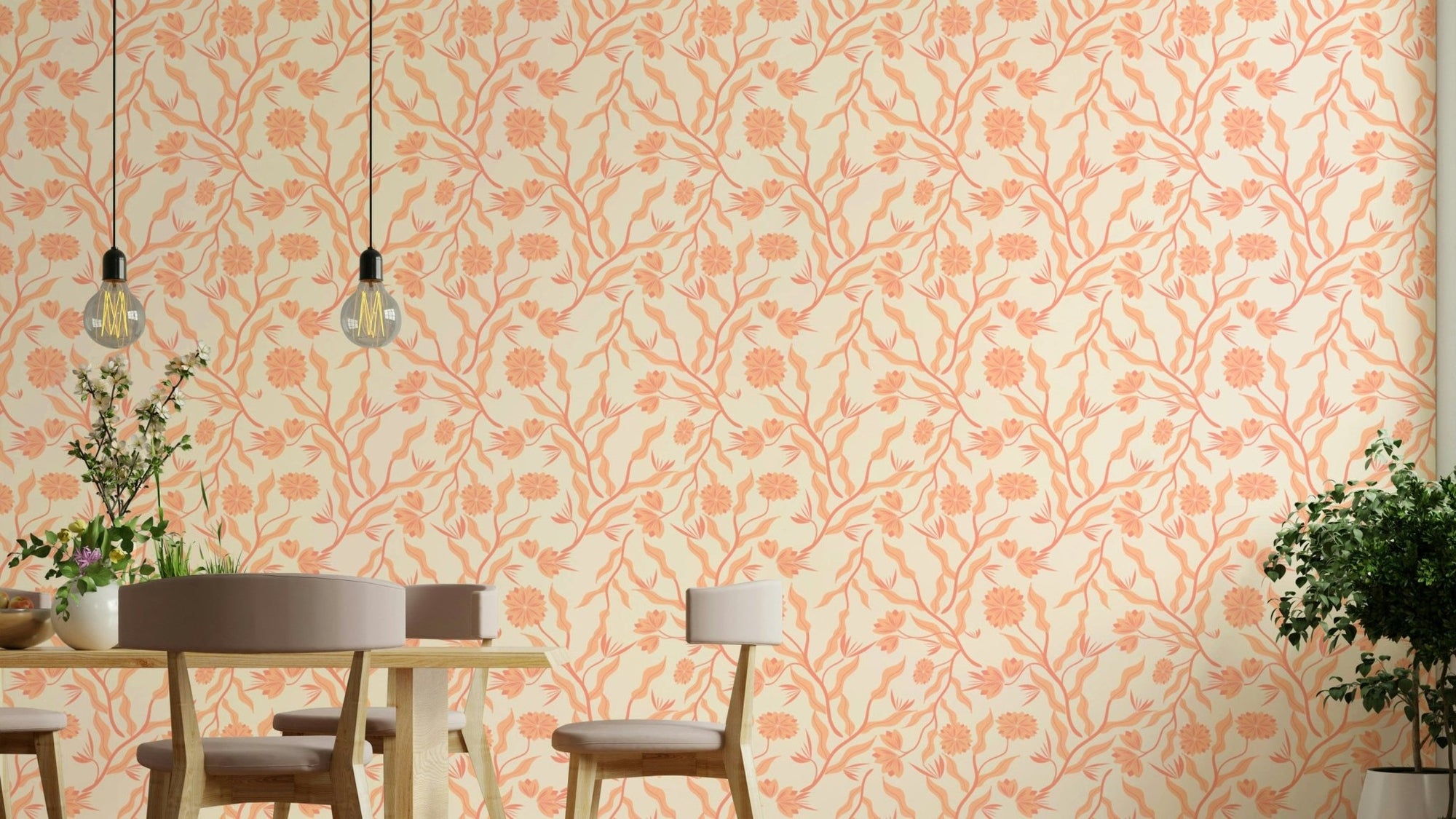 Peach garden wallpaper with artistic floral design, GD2193