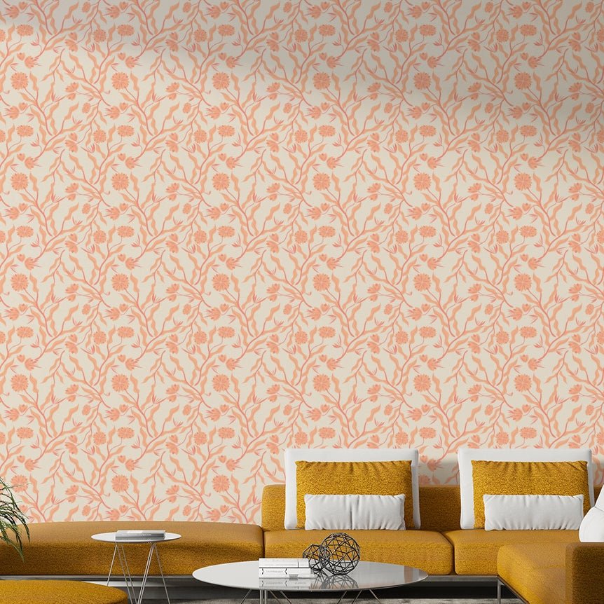 Peach floral mural with watercolor-style botanical art

