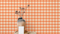 Stylish peach gingham wallpaper for modern farmhouse vibes.
