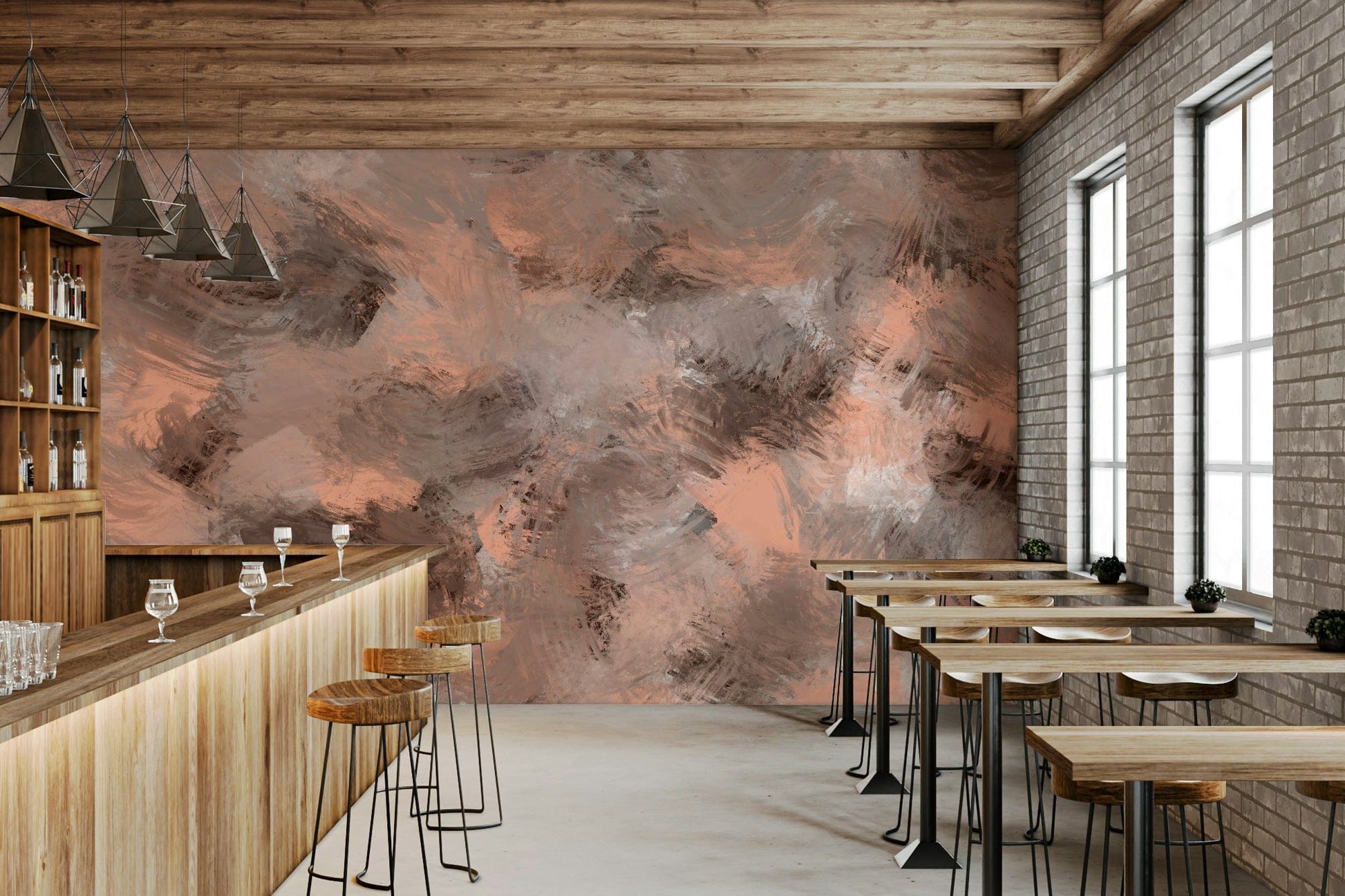 An artistic soft focus mural on minimalist wallpaper.