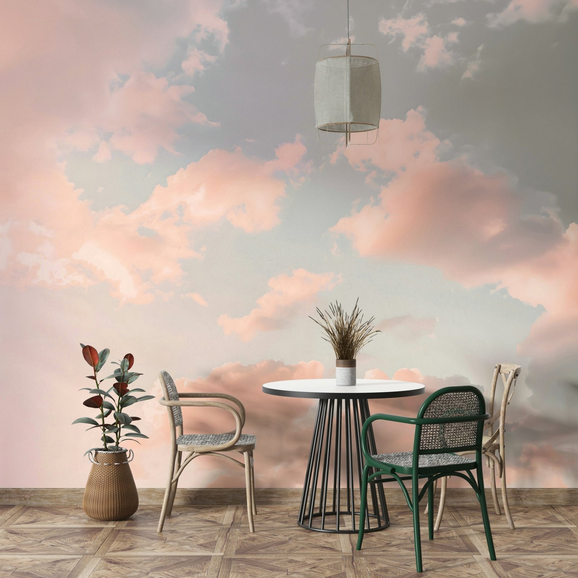 A peaceful wall mural with a soft, celestial design.


