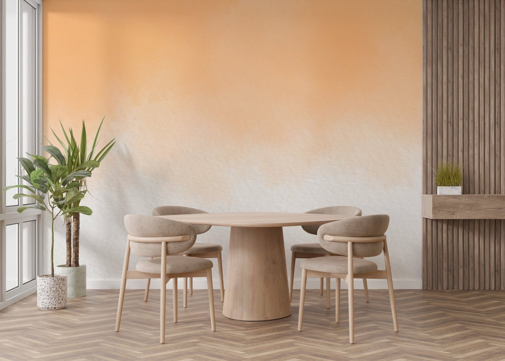 Artistic peach-toned watercolor wallpaper for bedroom walls.