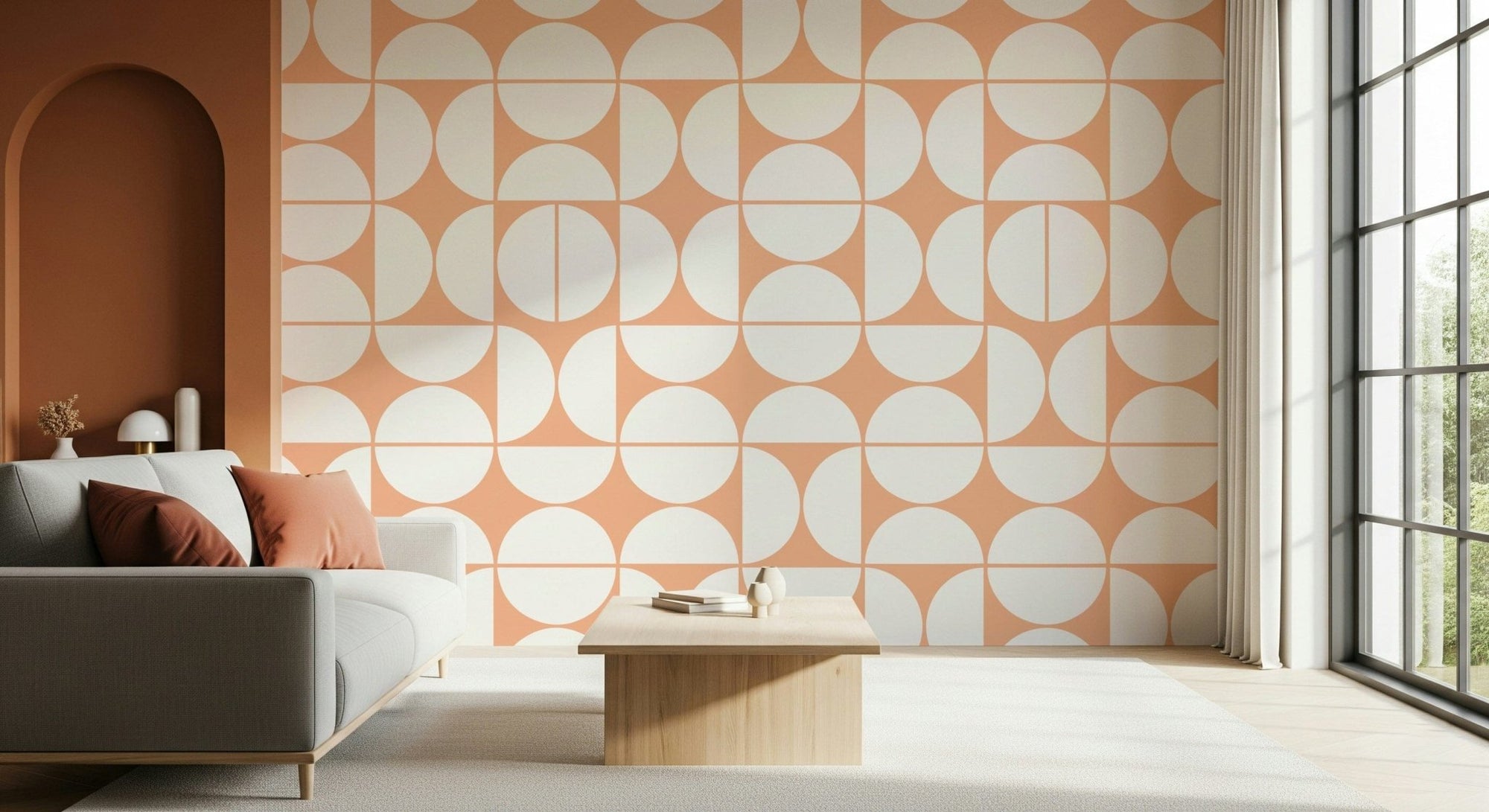 A beautiful abstract arc wallpaper mural in peach and white tones., GD5513