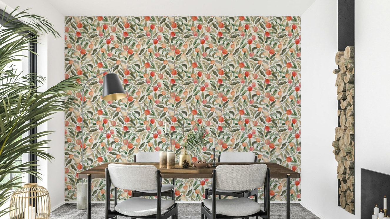 Hand-painted cherry and peach wallpaper pattern

