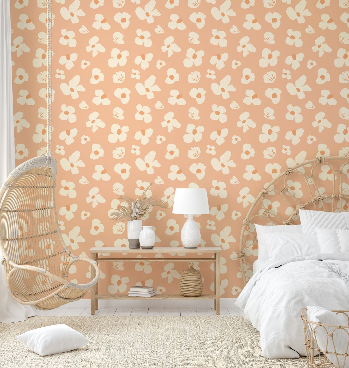 Soft peach abstract blooms on wallpaper roll

