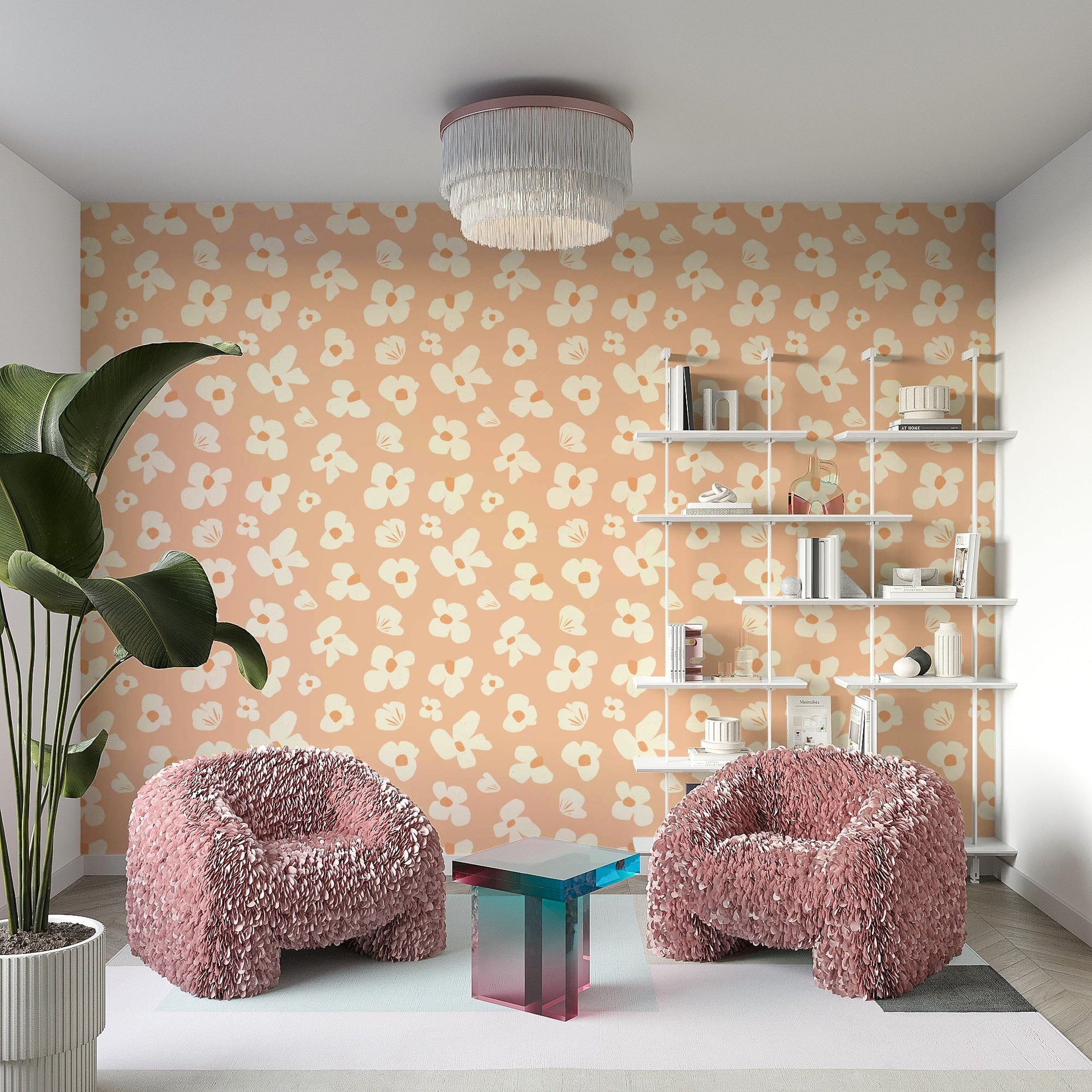 Modern floral wallpaper with peach accents

