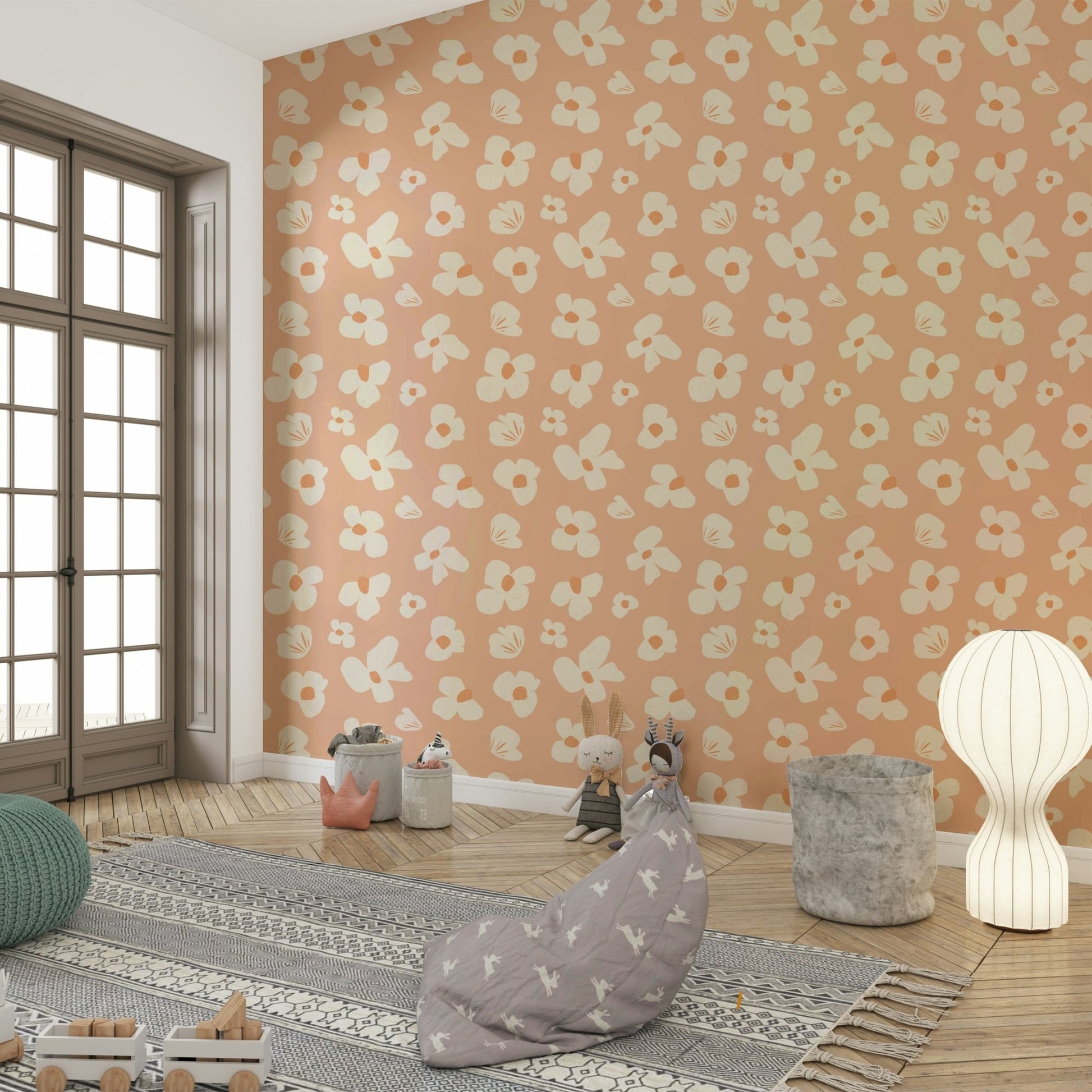 Peachy abstract floral wallpaper in soft hues


