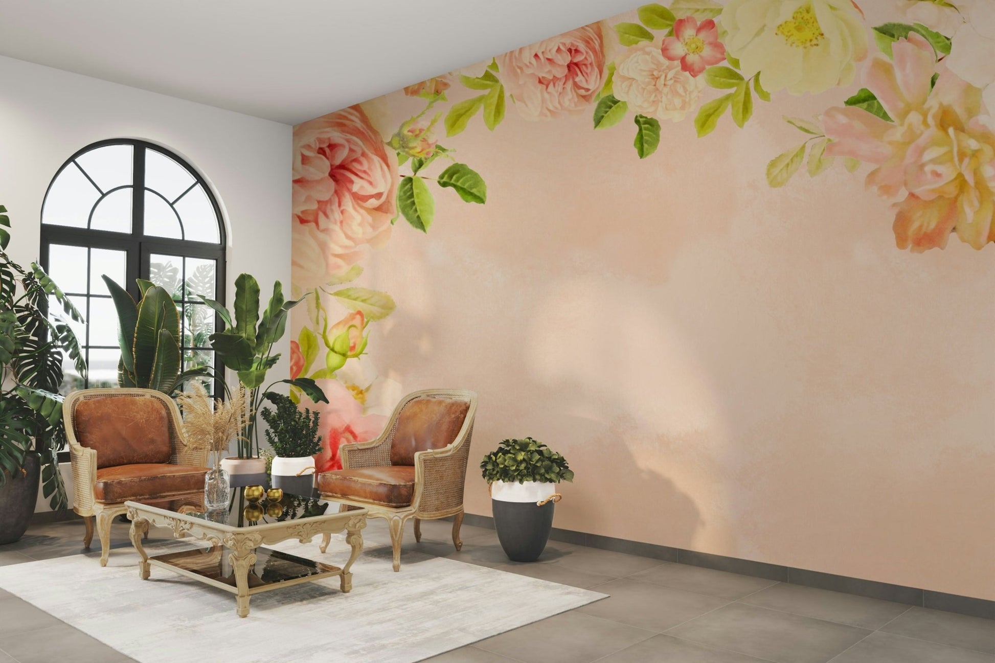 Detailed peach rose petals mural in soft hues

