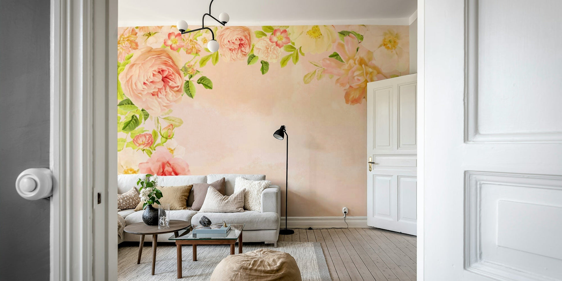 Soft peach roses wall mural in elegant design

