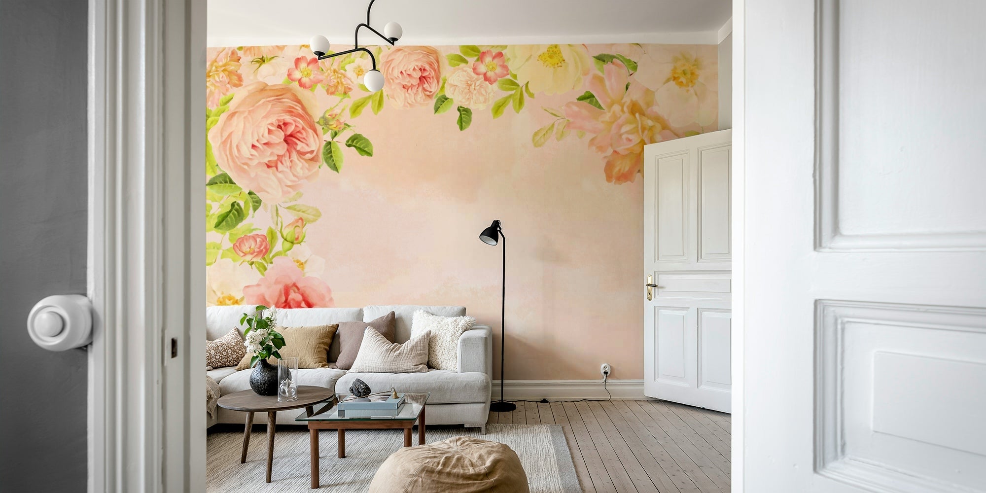Soft peach roses wall mural in elegant design, GD1263