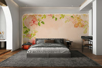 Floral wall mural featuring peach rose blossoms

