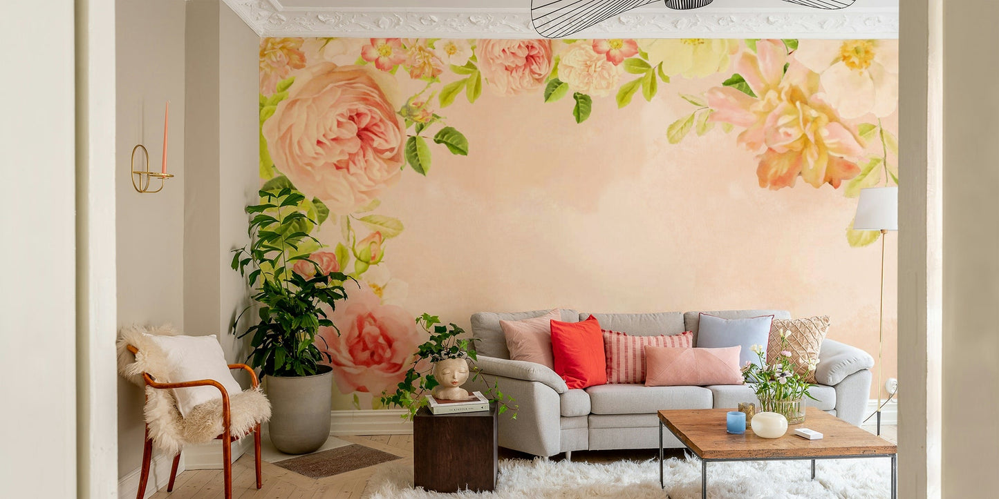 Romantic peach roses wallpaper for bedroom walls

