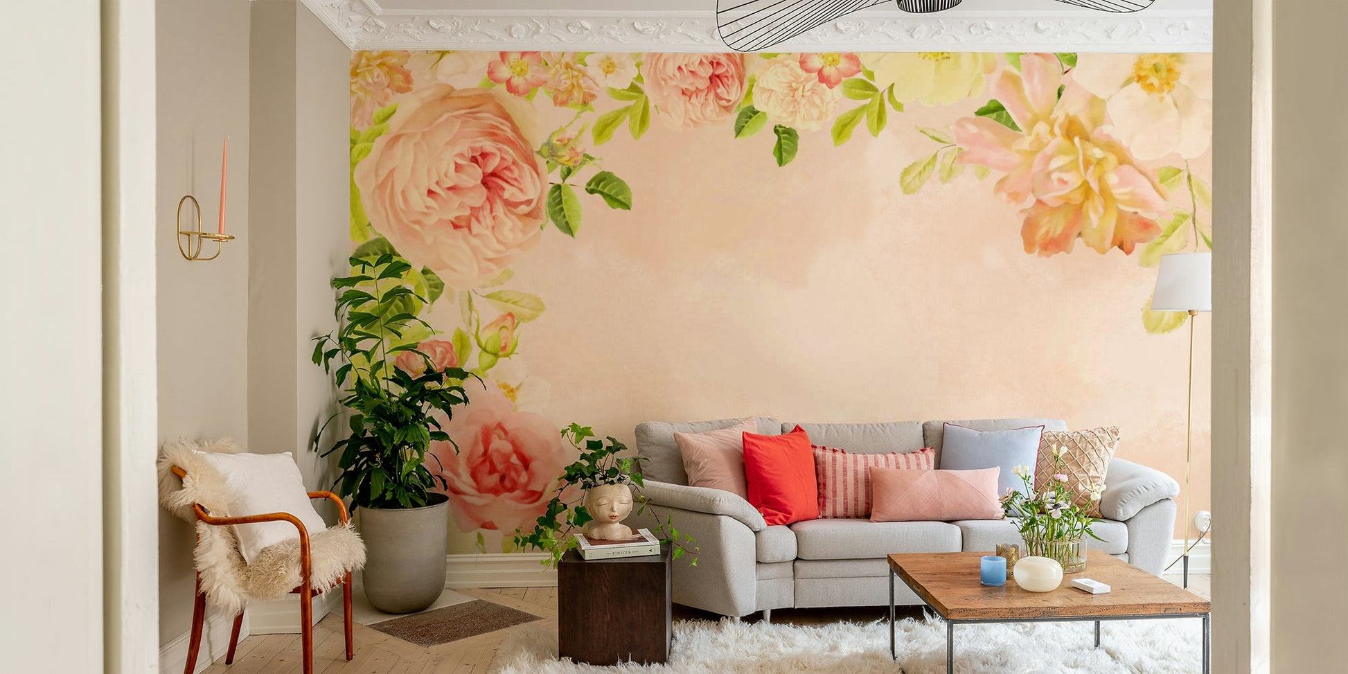 Romantic peach roses wallpaper for bedroom walls

