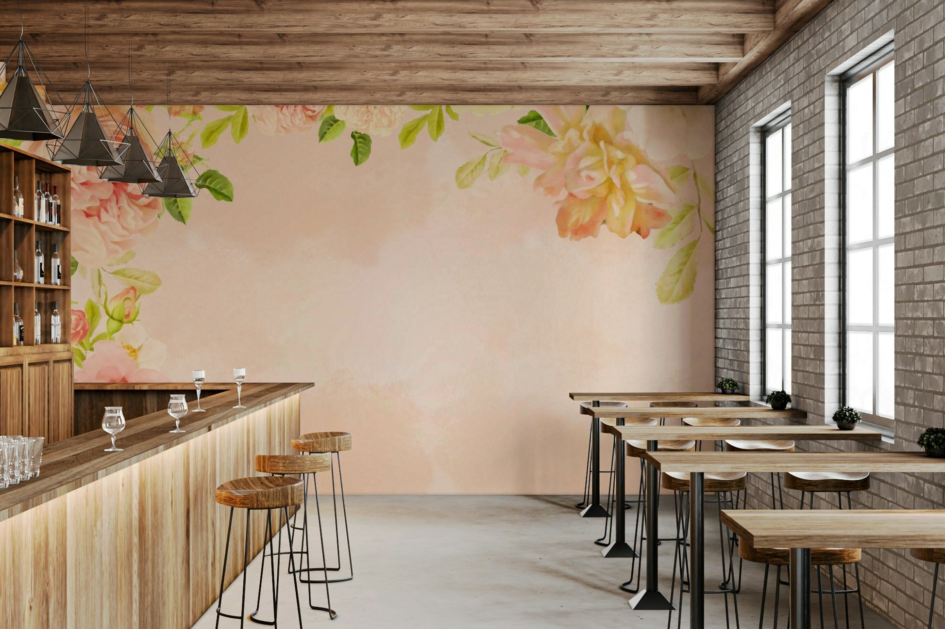 Lush peach rose floral mural for accent wall

