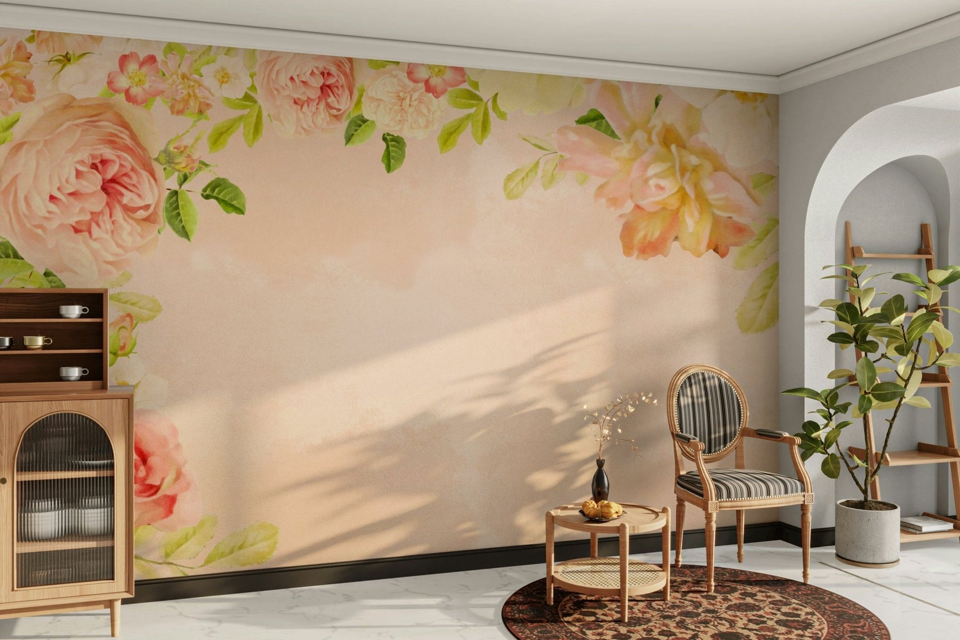 Vintage style peach roses wallpaper mural design

