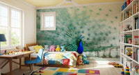A beautiful peacock feather wallpaper mural with intricate, shimmering patterns.