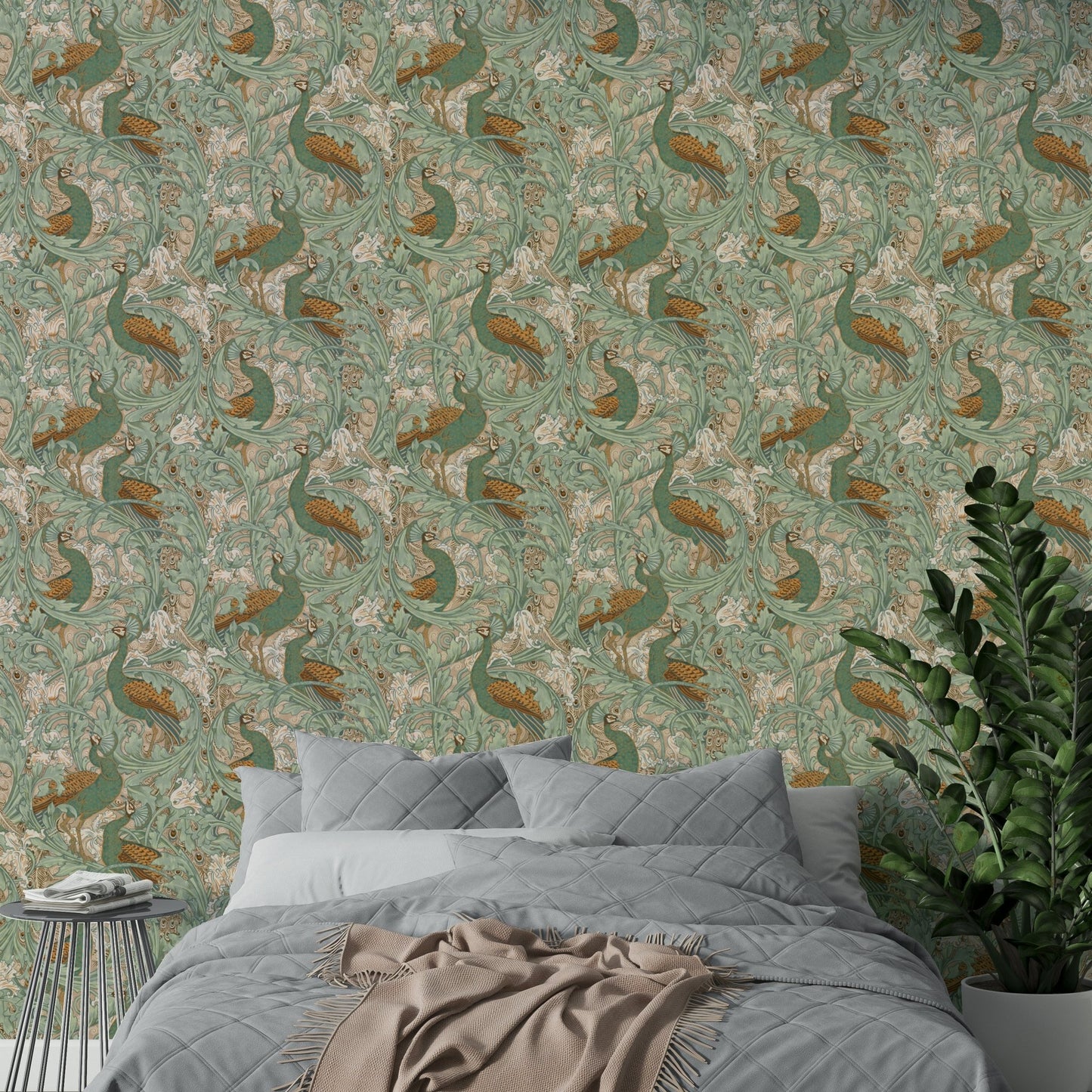 Detailed peacock garden in mustard, green, and beige tones.

