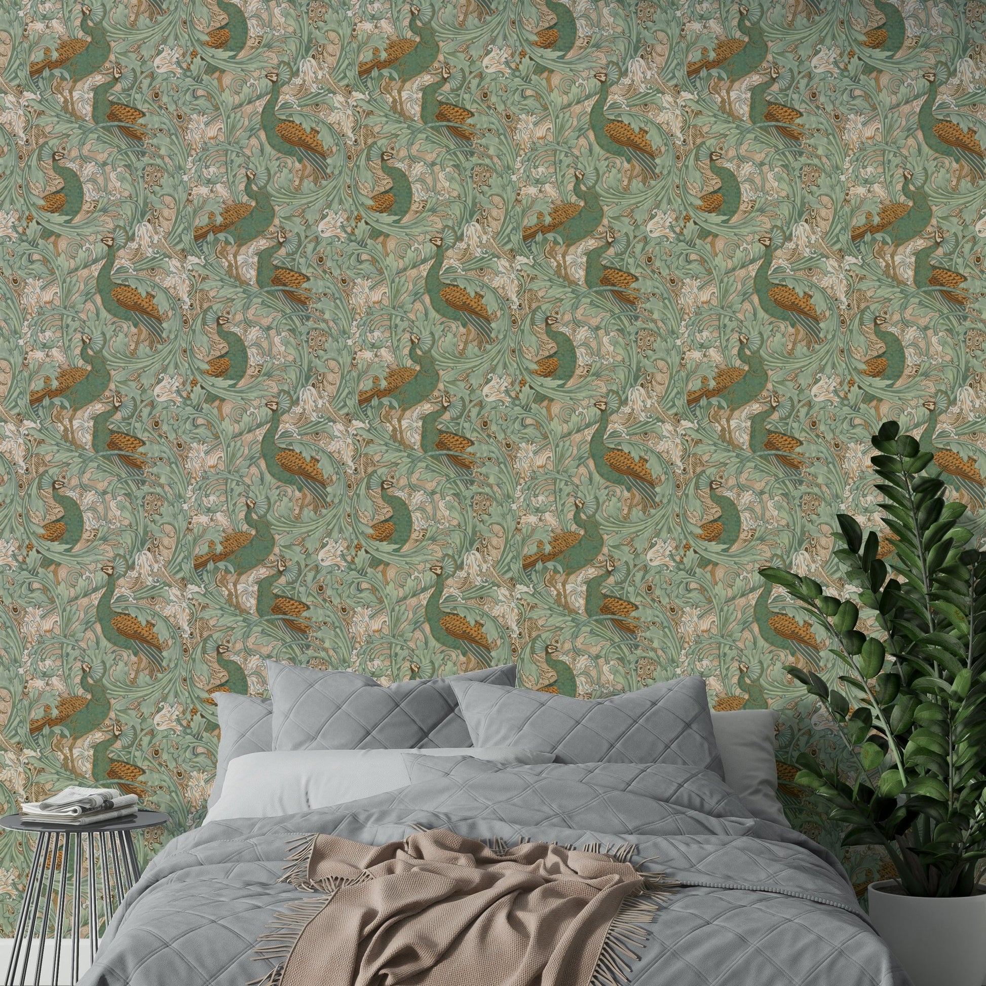 Detailed peacock garden in mustard, green, and beige tones.

