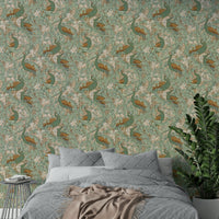 Detailed peacock garden in mustard, green, and beige tones.

