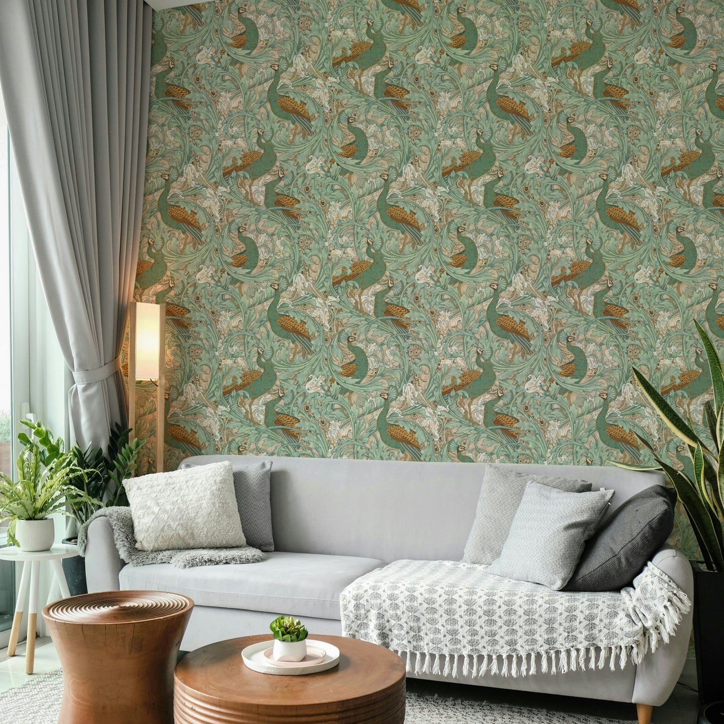 Soft green, beige, and mustard peacock garden mural wallpaper.

