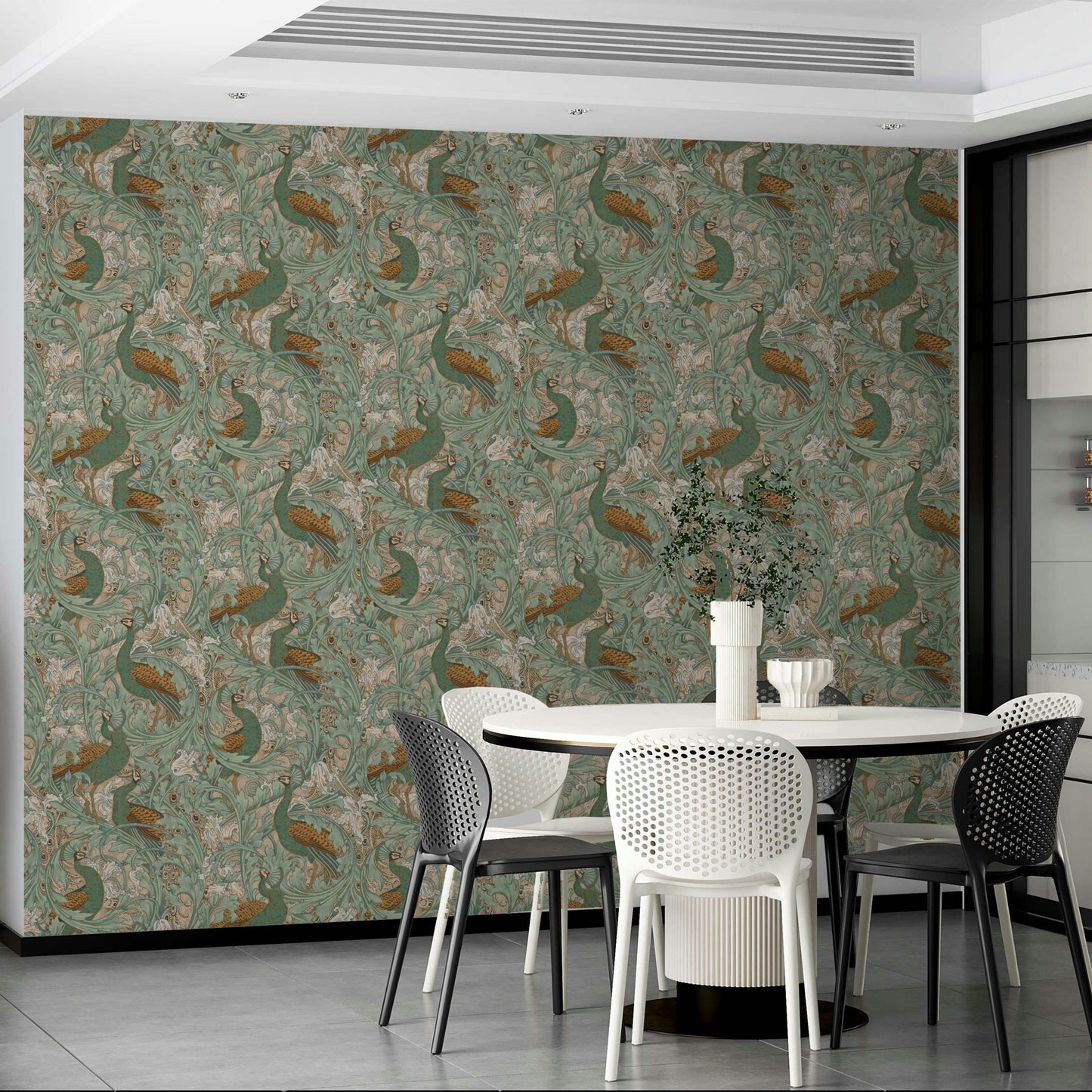 Elegant peacock garden wallpaper in green beige mustard shades.

