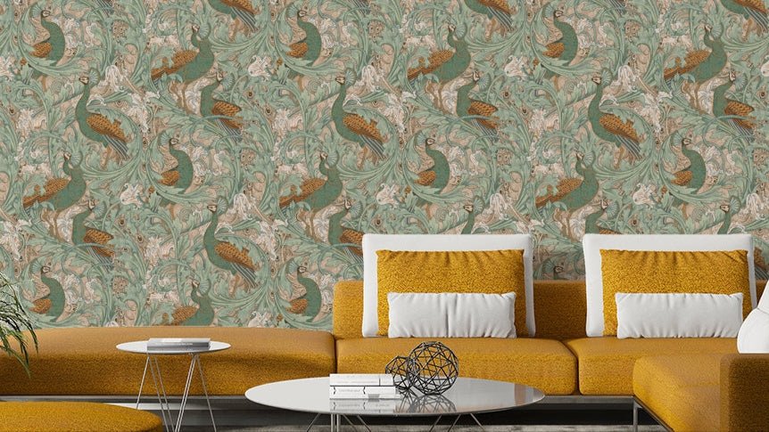 Vintage peacock garden in soft green, beige, and mustard tones.

