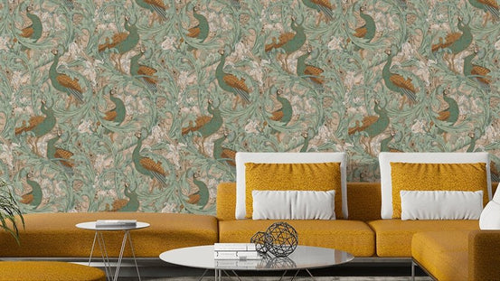 Vintage peacock garden in soft green, beige, and mustard tones., GD1104