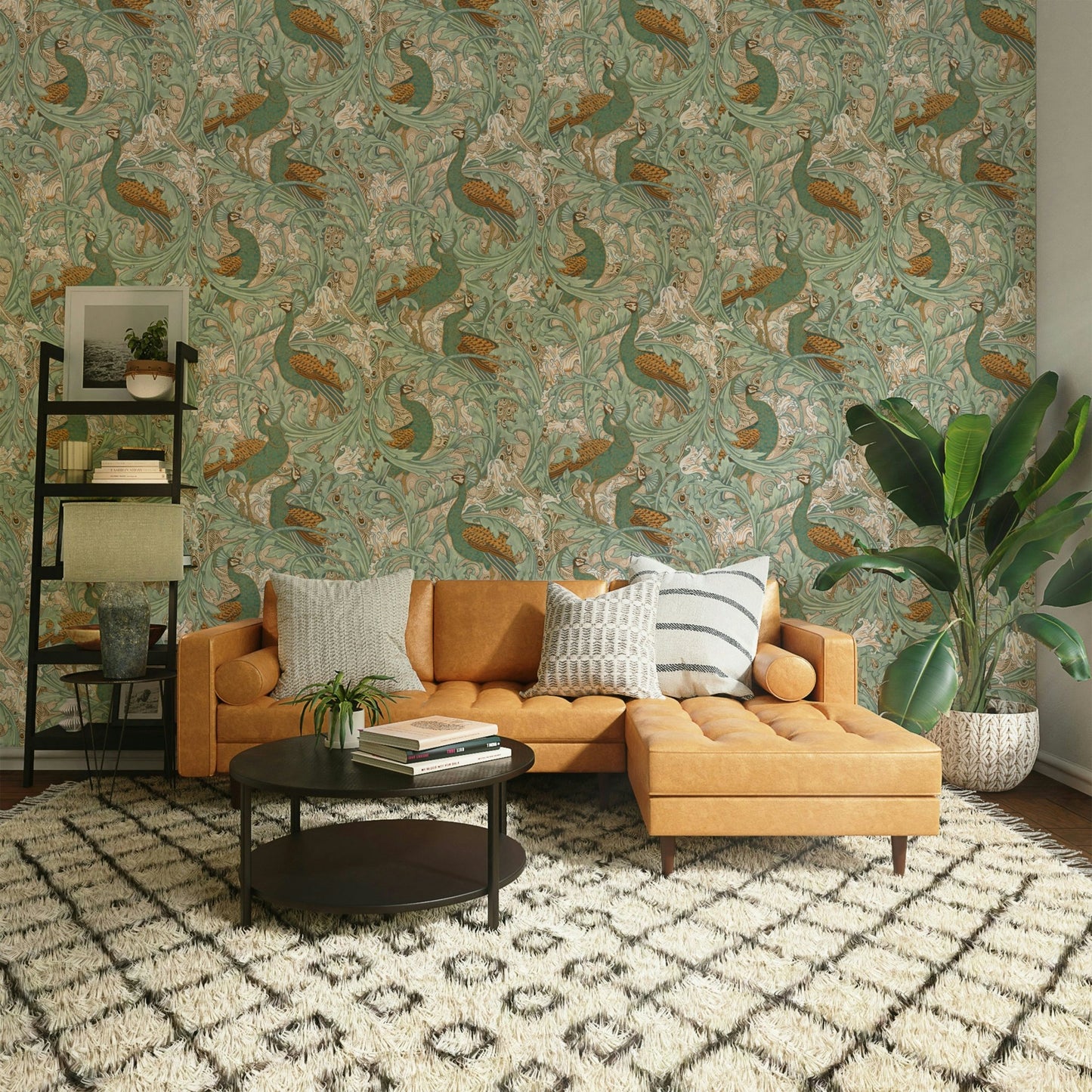 Vintage peacock garden with mustard and green hues wallpaper.

