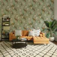 Vintage peacock garden with mustard and green hues wallpaper.

