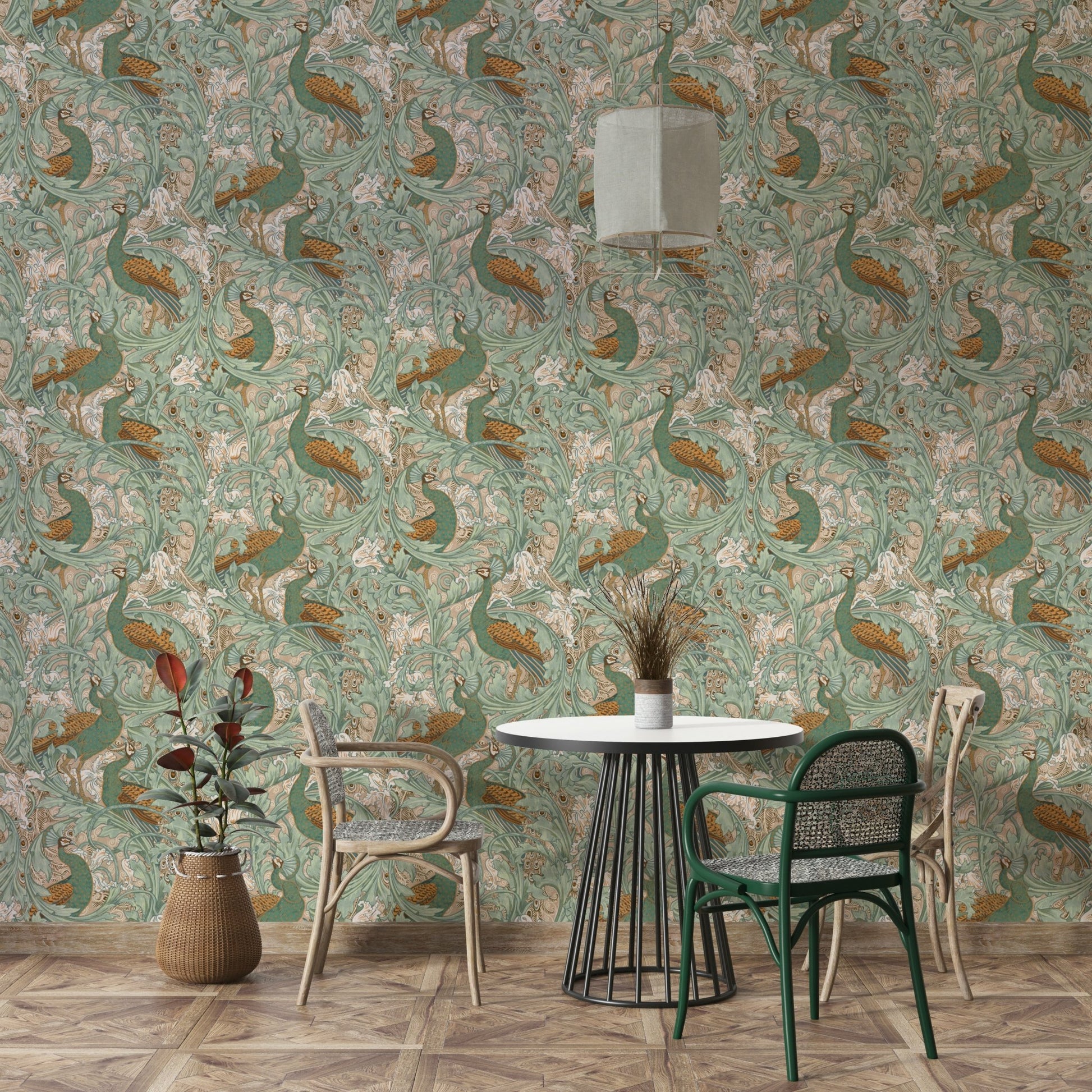 Walter Crane peacock garden in green and mustard wallpaper design.

