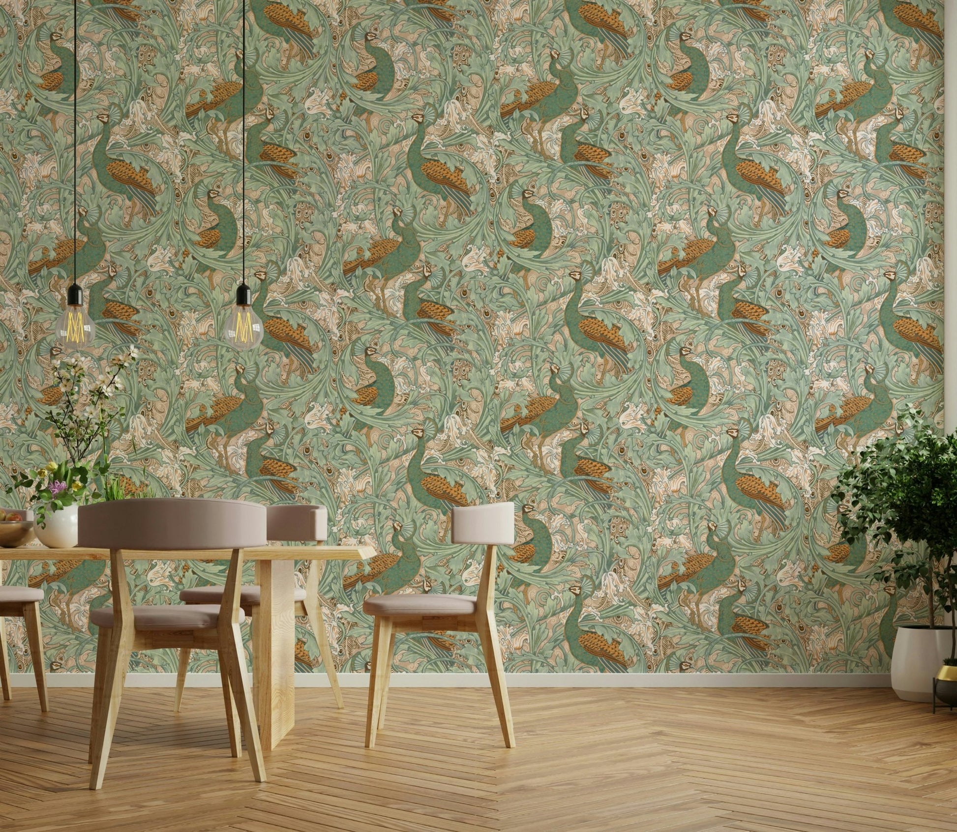 Walter Crane-inspired peacock garden with green and mustard.

