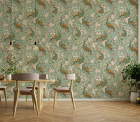 Walter Crane-inspired peacock garden with green and mustard.

