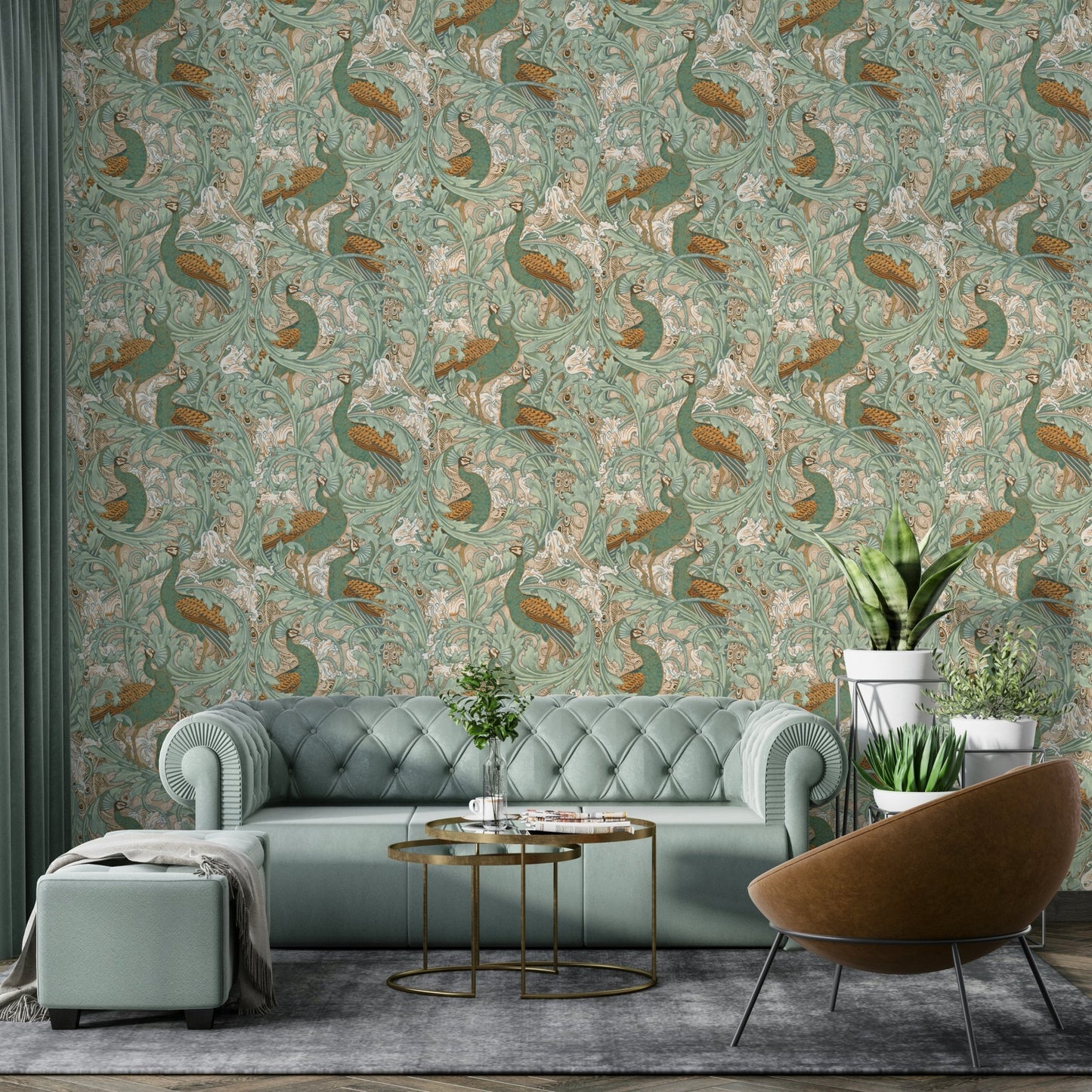Peacock garden wallpaper featuring green, beige, and mustard.

