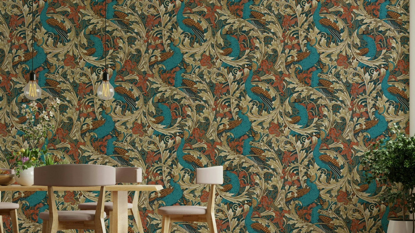Peacock Garden wallpaper featuring teal rust and mustard hues

